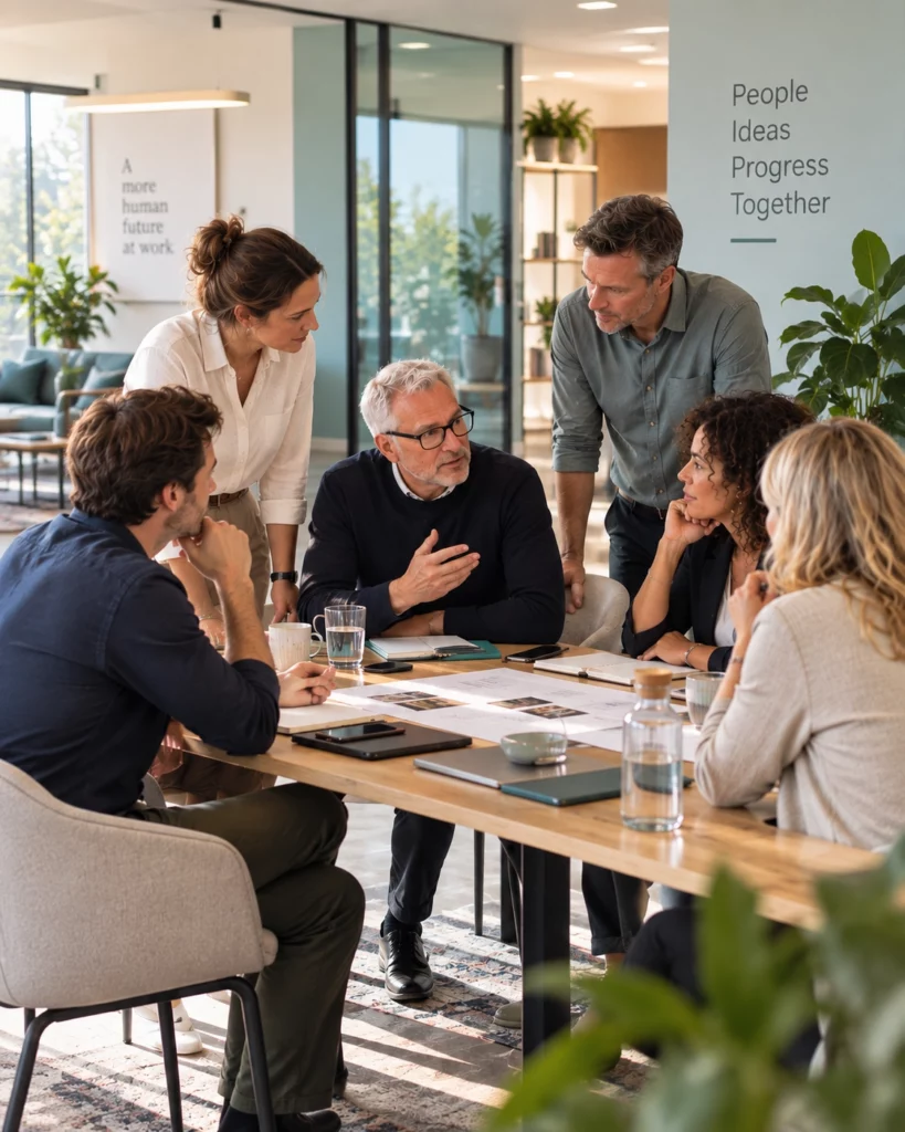 Qnective Organisation: sechs Menschen im gemeinsamen Gespräch an einem Tisch.