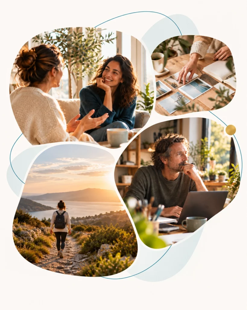 Collage aus Gespräch, Reflexion, Bildauswahl und Aufbruch als Bild für QnectYourLife.